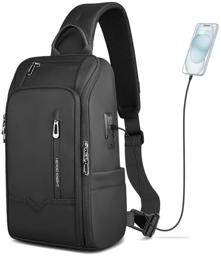 HEROIC KNIGHT Bolso Bandolera Hombre con Puerto USB, Antirrobo e Impermeable, Bolsa de Pecho Mochila de Hombro Cruzada con Múltiples Bolsillos para Viaje Trabajo y Uso Diario – Negro