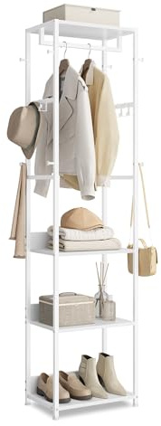 VASAGLE Clothes Rack, Coat Rack Stand with Hanging Rail and Hooks, Hall Tree with Shelves, Steel Frame, for Clothes, Bags, Hats, Cloud White RCR061WC02