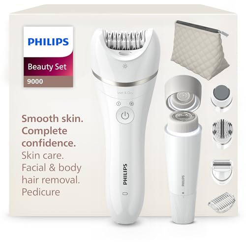 Philips Beauty Set Serie 9000 - Set de belleza todo en uno para el cuerpo, la cara y los pies, depiladora inalámbrica, para uso en seco y en mojado, con 6 accesorios, Modelo BRE770/92