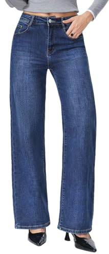 Vittorio y Jeans Femme Large Taille Haute - Jeans Baggy Femme en Denim Stretch, Modèle Confort avec Coupe Haute et Jambe Large, Poche Latérale, Denim, L