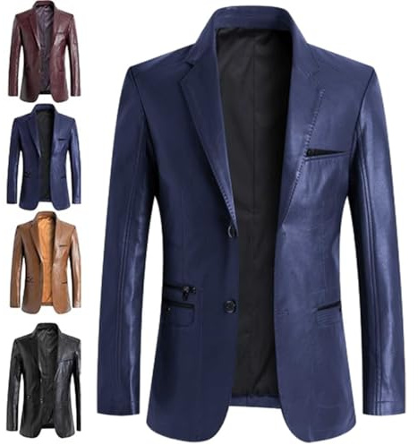 GAGFDA Veste blazer en cuir pour homme, coupe régulière en peau d'agneau, manteau d'affaires, boutonnage avec doublure, style moto avec plusieurs poches, bleu, XXL