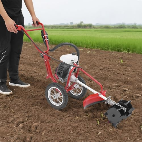 Motobineuse à essence 63 CC, 4 temps, 4 CV, motobineuse de jardin, cultivateur, tondeuse, avec roues, motobineuse pour le traitement du sol, profondeur de culture de 10 cm, démarreur à câble 240 tr