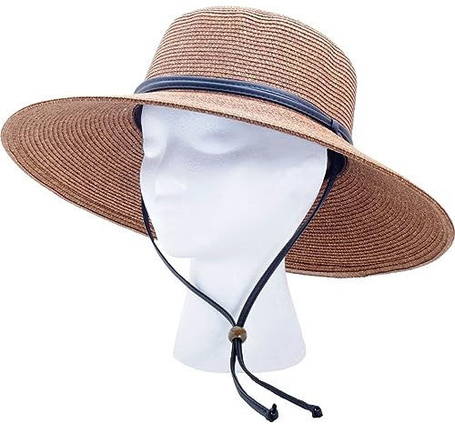 Sloggers Women's Wide Brim Braided Sun Hat with Wind Lanyard - UPF 50+ Maximum Sun Protection Dark Brown