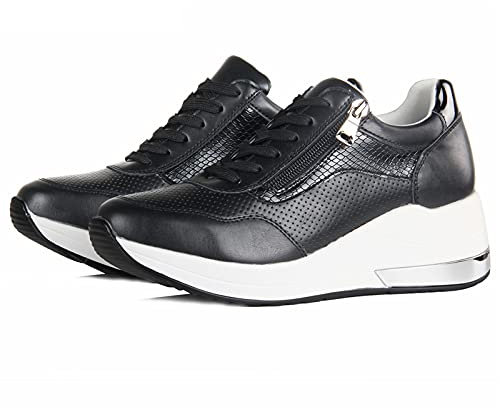 Faxkjeuls Sneaker für Damen, atmungsaktiv, lässig, Plateau, Keilabsatz, modischer Sneaker mit Reißverschluss, einfach zu tragen, Schwarz, Größe 36