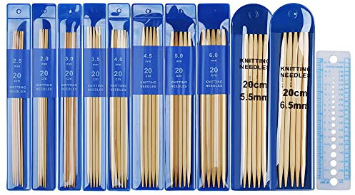 Aeelike 10 Größen Stricknadeln Bambus Stricknadeln Set, 2,0-6,5 mm Doppelspitzen sockenstricknadeln Stricknadel Set mit Nadellehre, 20 cm Leicht Handarbeit Nadelspiel Set für Stricken Anfänger, Profis