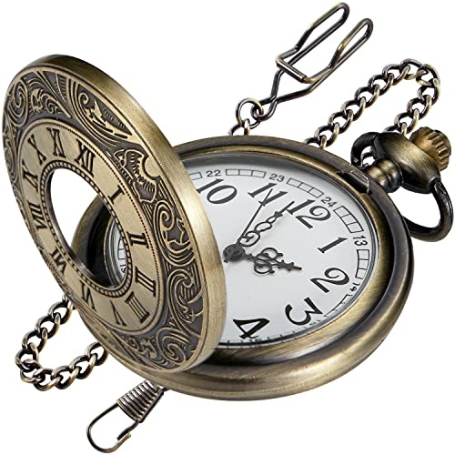 Tiong Vintage Pocket Watch Roman Numerals Steampunk Floral Pattern Pocket Watch with Chain Gift for Father Boyfriend Birthday