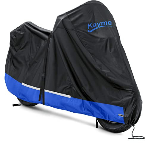 Kayme 300D Motorcycle Cover Waterproof Outdoor, All Season Rain Dust Resistant Motorbike Protective Tarp with Lock Hole, Universal Fit 50CC, 125CC, 150CC Scooter, Moped and Dirt Bike, Length 218CM