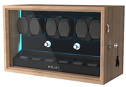 XTELARY Carica automatica per orologi 6 con vano portaoggetti flessibile 6 e cassetto portaoggetti per gioielli, illuminazione LED integrata, colore legno, Caricaorologi per 6 Orologio, Wood Color