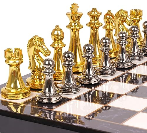 Metal Chess Set for Adults and – Marbling Chess Board with Chess Pieces – Travel Chess Sets with Extra Queens with zinc Alloy Metal Pieces – Ideal for Beginners and Professional Players