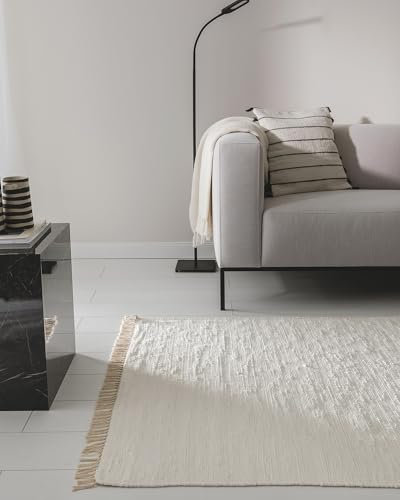 benuta Pop Alfombra Algodón Tom - Crema 60x100 cm - Tejida a Mano para Dormitorio, Sala de Estar y Salon - 100% Reciclado - Apta para Suelos radiantes