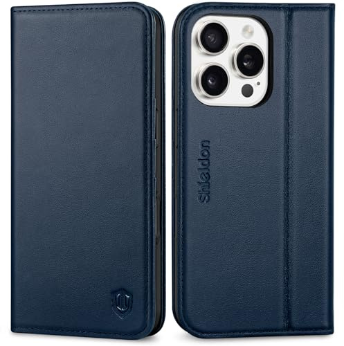 SHIELDON Genuine Leather Flip Case Wallet for iPhone 16 Pro 6.3, Navy Blue