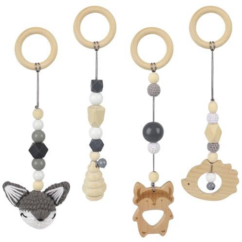 SKIKHN 4 Piezas Gimnasio Bebe Madera, Gimnasio Juguetes de Madera para Carrito Bebes, Colgante de Gimnasios para Bebé,Juguetes Colgantes para Bebés,Bebes Carro Arco de Juegos,para Recien Nacido Niños