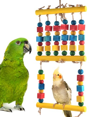 DBNESS Bird Toys, Parrot Chew Swing Toy with Perches Stand, Hanging Colorful Wood Block Bird Cage Accessories for Small to Medium Quaker African Grey Budgie Cockatiels Amazon Parrots