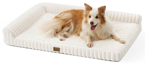 COZY KISS Waschbarer Hundebett für Grosse Hunde, 112x81x18cm Wasserdichtes Hundesofa, Orthopädisches und Abnehmbarer Cordbezug XL Hundecouch, Weich Kunstfell Hundekorb, Wärmend, L Form, Beige