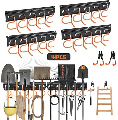 Qukaim Organizador de pared para garaje y jardín, estante de herramientas de 63 galvanizado con 20 ganchos S + 2 ganchos dobles, para bicicletas, escaleras,sillas, escobas, palas,4 rieles(naranja)