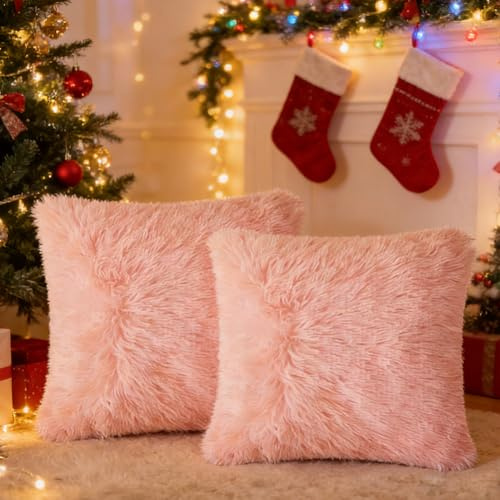 2 Federe per Cuscini in Doppia Faccia Pelliccia, Federa Cuscino con Chiusura a Cerniera, Super Soft Federe, Morbide Quadrate Decorative per Divano Soggiorno Letto, 40x40 Cm, Rosa