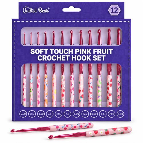 The Quilted Bear Pink Fruits Crochet Hooks with Smooth Handles, Set of 12 | Soft Touch Polymer Clay Handles, Polished Aluminium Hooks, 12 Versatile Sizes 2mm to 8mm, Comfortable Grip, Lightweight