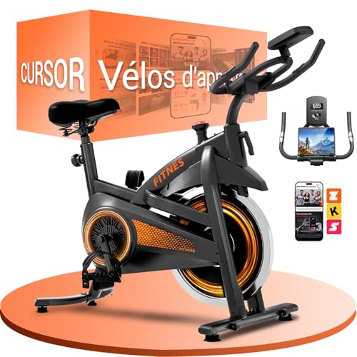 CURSOR FITNESS vélo d'appartement, vélo d'appartement connecté | avec mesure de pouls & écran LCD, Bike à vélo d'entraînement intérieur avec application, siège confortable, jusqu'à 136 kg