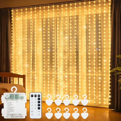 echosari 300 LED Lichtervorhang Batteriebetrieben 3M×3M Warmweiß mit Timer
