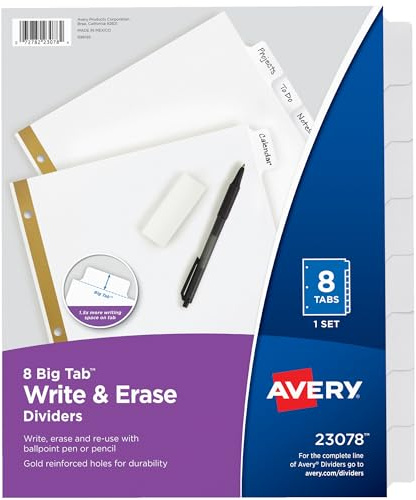 Avery 8-Tab Binder Dividers, Write & Erase White Big Tabs, 1 Set (23078)