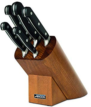 Arcos Serie Clasica - Juego de Cuchillos de 5 piezas en Caja de Regalo (5 Cuchillos) - Hoja de Acero Inoxidable Forjado NITRUM - Mando de Polioximetileno (POM) - Bloque de madera color marrón acabado lacado