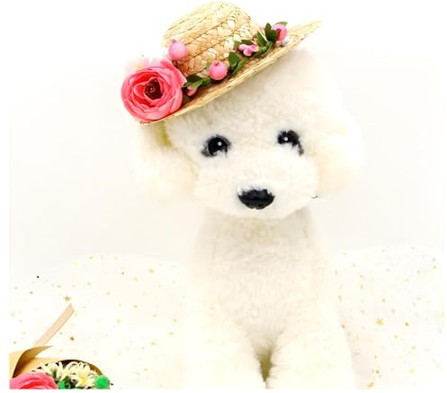 NACOCO Cat Hat Sunflower Straw Hat Handcrafted Rose Lovely Sun Cap Accessories for Small Dogs and Cats Photograph (S, Pink Rose)