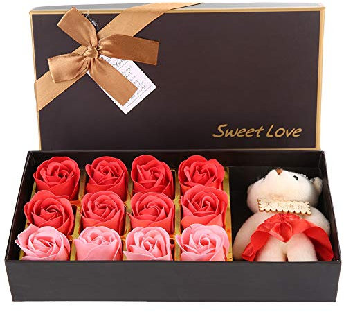 MAGT Flor de Rosa, 12 Piezas Bellamente Flor de Rosa Flor de jabón con Oso de Peluche y Caja para Regalo romántico del Día de San Valentín(Rojo)
