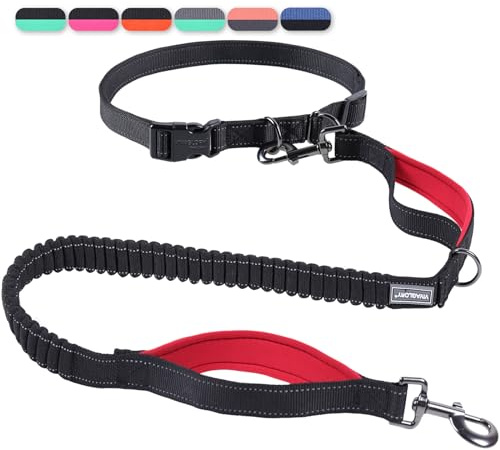VIVAGLORY Hands Free Dog Lead Bungee Waist Dog Lead, S, Black/Red1
