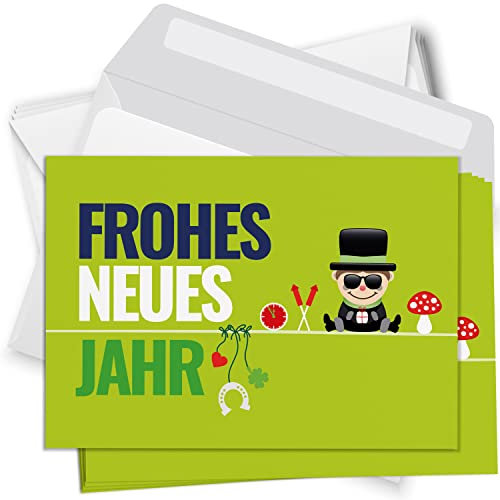 Einladungskarten Manufaktur Hamburg 10 Neujahrskarten mit Umschlag - Frohes Neues Jahr - Motiv Viel Glück - Silvester Neujahr Postkarten Karten Grußkarten