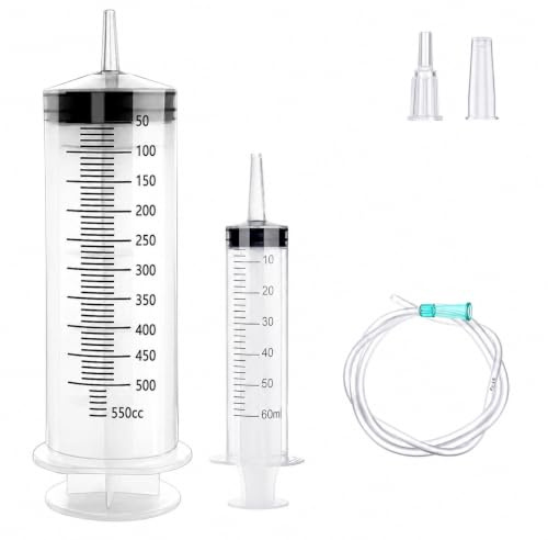 GOLDEROC 2 sprutor, 1 stor spruta 500 ml + 1 spruta 60 ml, spruta med slang, oljespruta av plast, återanvändbar plastspruta för laboratorium, trädgård, djurmat och industri | Oljespruta med slang för motorolja och växellådsolja, läckagesäker, återanvändbar för verkstad, laboratorium och trädgård