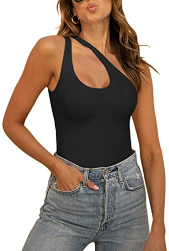 REORIA Women's Summer Sexy One Shoulder Cutout Front Sleeveless Piece Tank Tops Backless Thong Bodysuits Leotards for Going Out Black Medium