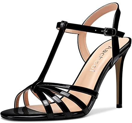 Aachcol Donna T-strap Sandali Spillo Alto High Tacco Heel Aperte sulla Punta Slingback Cinturino alla Caviglia Scarpe 10 CM Nero Verniciata 45 EU