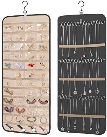 KWQBHW Organizador de joyas colgante de doble cara, soporte para aretes de pared con 42 bolsillos y 39 ganchos, soporte para collar de armario para aretes, pulsera, cadena de anillos, 83 cm