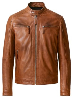 Zerimar Cazadora Cuero Natural | Chaqueta Hombre | Cazadora Biker Piel | Biker Hombre Casual | Cazadoras para Hombre | Chaqueta Invierno | Color Cuero Talla L