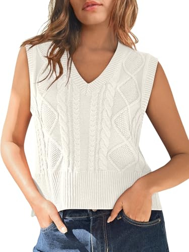 Tongmingyun Gilet sans manches pour femme en tricot avec col en V Pullover en tricot basique uni Tank Top pour le travail et les loisirs Gilet en maille pour femmes, Blanc., S