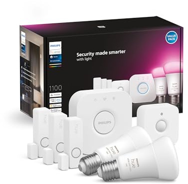 Philips Hue Secure Starter Kit - mit 3 Kontaktsensoren, 1 Bewegungssensor, 2 White & Color Ambiance E27 LED Lampen, 1 Hue Bridge, Smart Home Security & Lichtsteuerung mit nur Einer App