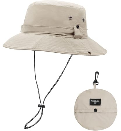 YAMEIZE – Sombrero de Cubo Impermeable UPF50+Bucket String – para Mujer Hombre Sombrero Safari protección UV con Sombrero de Pesca Ajustable Playa Senderismo, Caqui, 58-62