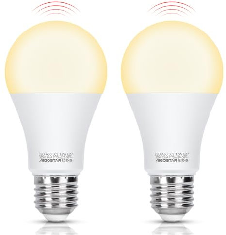 Aigostar LED Lampe E27 mit Bewegungsmelder, 12W Glühbirne mit Bewegungsmelder, Warmweiß 3000K, 1170 Lm, Automatische On/Off LED Glühbirne für für Flure, Garage, Treppen, Balkon, 2 Stück