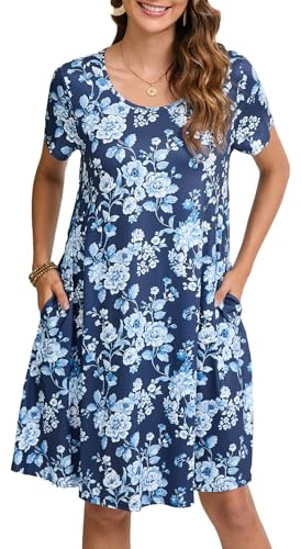 Enmain Vestido Estilo Camiseta para Mujer de Verano de Manga Corta con Bolsillos túnica Vestido Casuales Bohemios hasta la Rodilla para Mujer, Azul Floral, L
