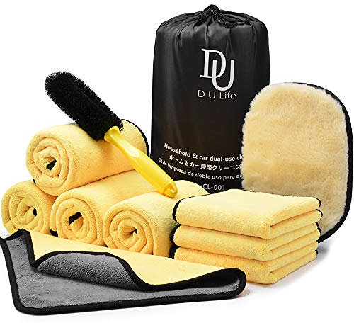 DU Life Car Cleaning Kit, Washing Towels Double Sided Thickened 30 x 60cm & 30 x 30cm Exterior Drying Towel, Wheel Cleaning Brush Car Wash car valeting kit Mitt (Polishing Waxing Gloves for Cars)