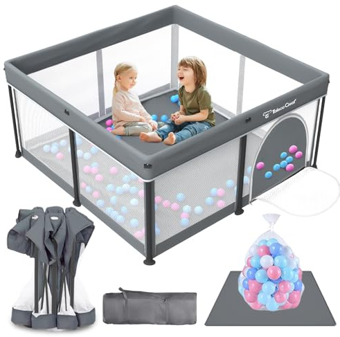 Taleco Gear Foldable Baby Play Pen with Mat, 50''x50'' Playpen for Babies and Toddlers, Playpen for Baby with Gate, Breathable,Foldable Travel Play Pen with 50 Ocean Balls