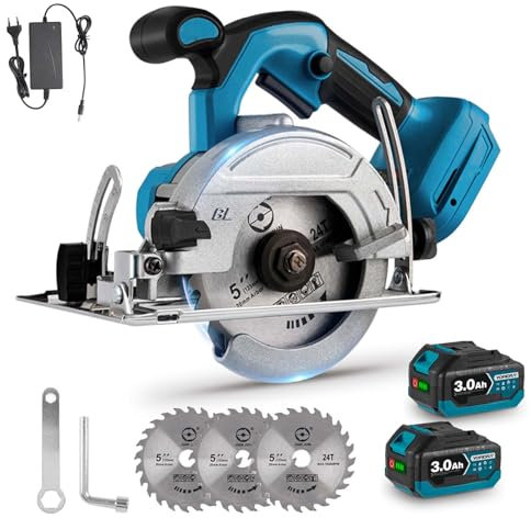 Yofidra Mini sierra circular sin escobillas, sierra circular con batería, 2 baterías de 3,0 Ah, sierra circular de mano con 3 hojas (125 mm), 8000 rpm, biselado 0-45°, profundidad de 45 mm, ideal para