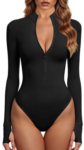 GJY Body da donna con cerniera monopezzo, a maniche lunghe, con chiusura lampo, Nero, XL