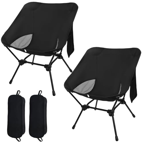 Omtofo 2 Piezas, Silla Plegable Camping Ligera con Bolsillos Laterales, Silla Plegable Portatil, Altura Ajustable，Camping, Pesca, Senderismo, Playa, Negro
