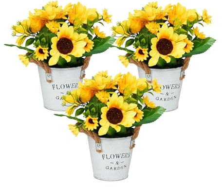 Relaxdays Girasoles Artificiales en Maceta, Set de 3 Plantas Realistas, Flores de Plástico, Tornasoles, Amarillo/Blanco, Hierro, 20 x 15 cm