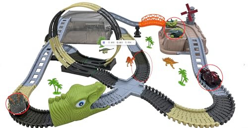 TUMAMA Dinosaurier Autorennbahn Spielzeug Set, 255 Stück Dino Kinderspielzeug Ab 3 4 5 6 Jahre Kinder, Autobahn Zug Mit 2 Autos, Elektrische 360 Looping Rennbahn, Cars Rennstrecke Eisenbahn Baustelle