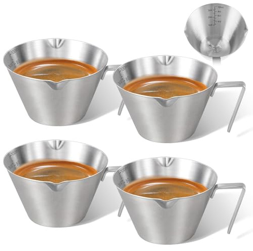 carrottimes 4 Pezzi Tazze da Caffè in Acciaio Inox, Misurino da Caffè Espresso in Metallo a Doppio Beccuccio con Manico, Tazza da Espresso Doppio Misurino con Bocca a V, 100 ml/3.4oz (Argento)