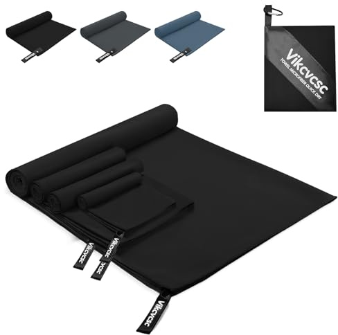 Vikcvcsc Serviette Microfibre Lot de 4 Serviette Sport Musculation,Serviette de Plage Séchage Rapide pour Voyage,Piscine,Serviette de Sport Homme et Femme(Noir,180x80cm+2pcs 80x40cm+40x30cm)