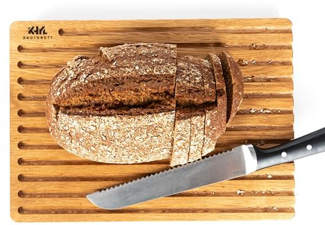 KHYL Planche à découper le pain en chêne massif 34 x 24 x 2,2 cm Pieds en acier inoxydable Planche à découper en bois massif Récupérateur de miettes Fabriqué en Allemagne