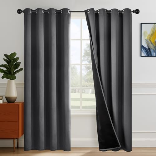 Deconovo 100% Verdunklungsvorhänge Vorhang Blickdicht Vorhänge mit Ösen Gardinen Wohnzimmer Thermovorhänge gegen Hitze Wärmeschutz Curtains Schallschutz, H245 x B140 cm, Dunkelgrau, 2er Set